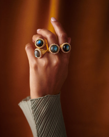 Harris Reed Labradorite Cocktail Ring | 18k Gold Plated/Pearl & Labradorite Rings